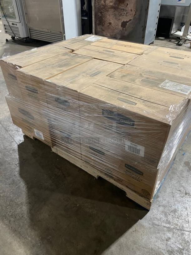 Full pallet of Rubbermaid Premier Series 14 Cup/3.3L food containers, Model 1937693, new in packaging, with gray lids.