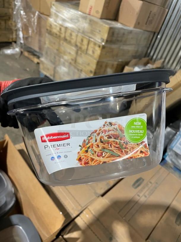 Rubbermaid Premier 14 Cup Crystal-Clear Food Container with Gray Lid, Model 1937693, stain-resistant, new condition.