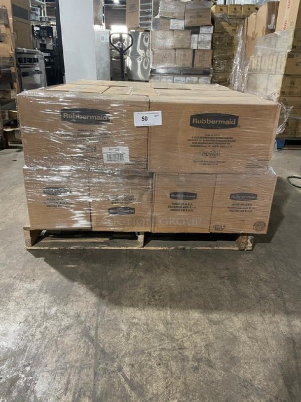 Brand new pallet of Rubbermaid Premier Series 14 Cup food containers, Model 1937693, with gray lids, 4 per case.