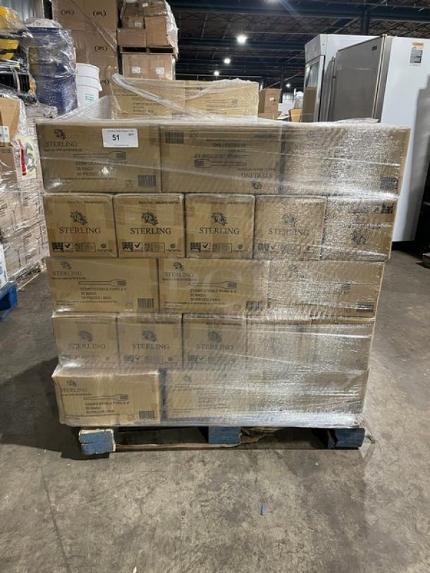 Pallet of Sterling MMGP3FK651M compostable forks, 6.5", 1,000 per case, brand new, shrink-wrapped, labeled boxes.