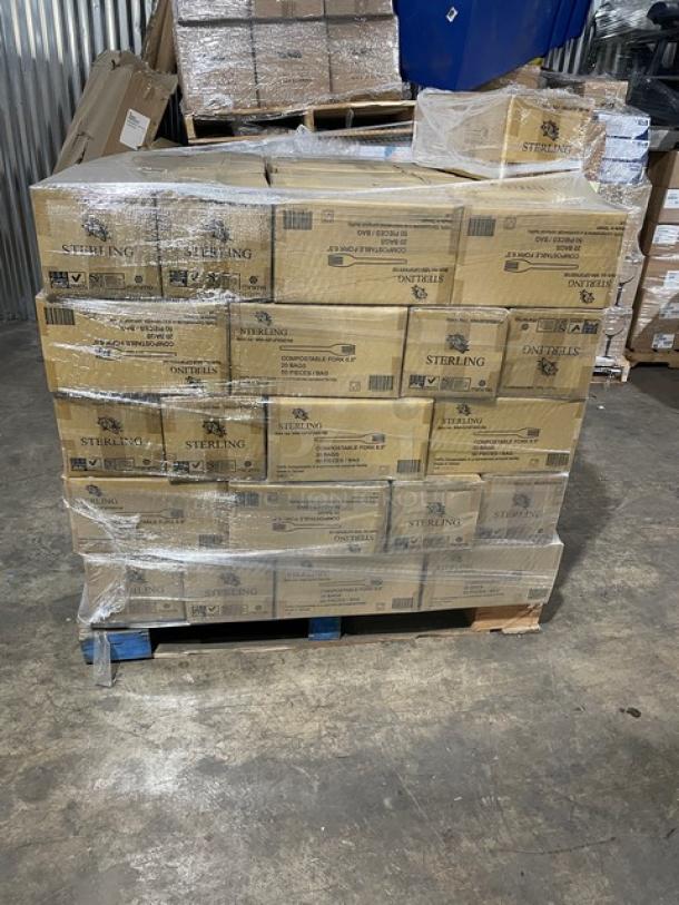 Full pallet of Sterling 6.5” compostable forks, model MM-GP3FK651M, 1,000 per case, brand new, shrink-wrapped.
