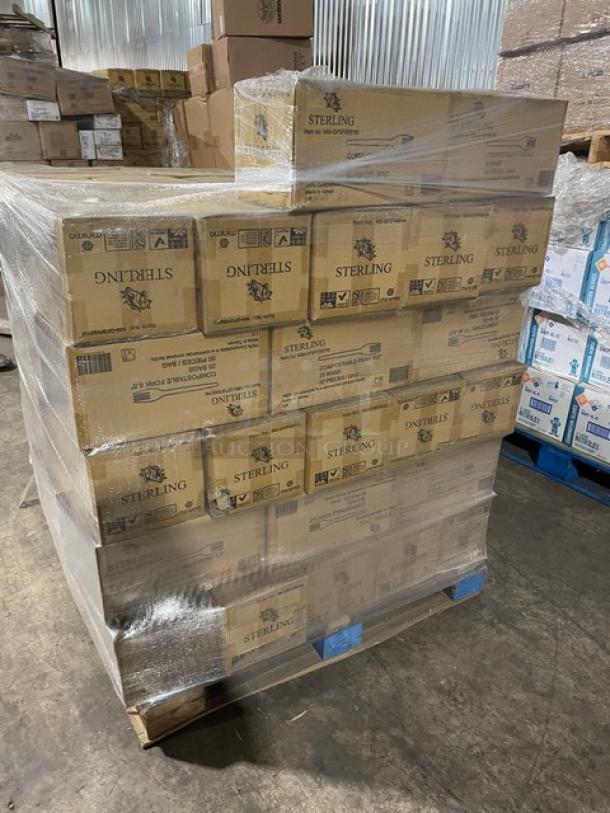 Brand new full pallet of Sterling Model MMGP3FK651M 6.5" compostable forks, 1,000 per case, shrink-wrapped, ready for shipping.