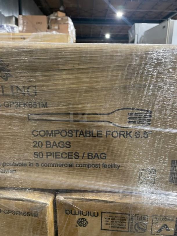 Sterling compostable forks, model MM-GP3FK651M, on full pallet. Each case contains 1,000 forks; brand new condition.