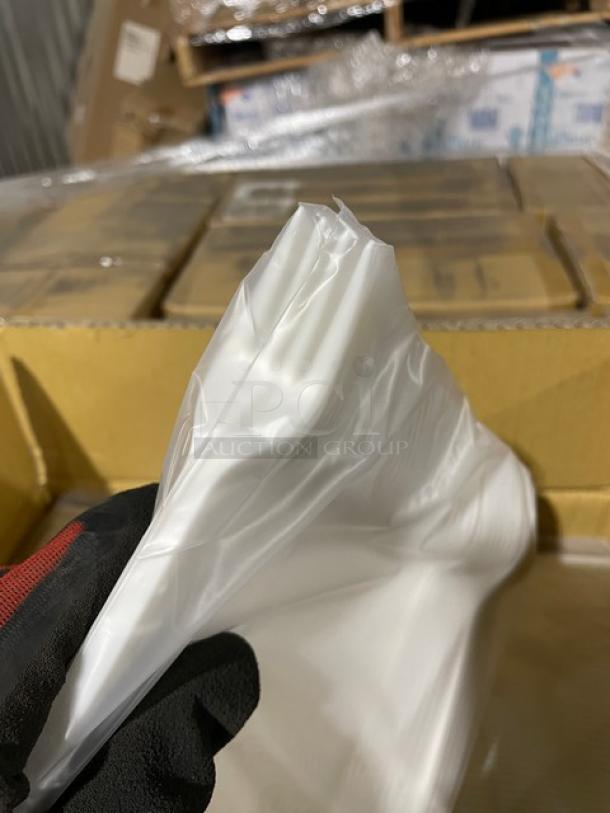 Sterling compostable forks, model MM-GP3FK651M, shown in packaging on a pallet. Brand new condition, 1,000 per case.