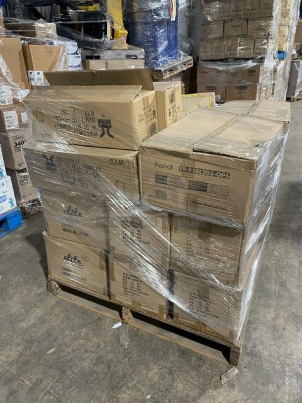 Mixed pallet with Elite Global Solutions Greenovations 38 oz. bowls, G.E.T. 16 oz. tumblers, Hoffmaster table covers, Karat lids. 34X.