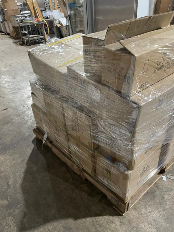 Mixed pallet with Elite Global Solutions bowls, G.E.T. tumblers, Hoffmaster table covers, and more. Items are brand new and packaged in labeled boxes.