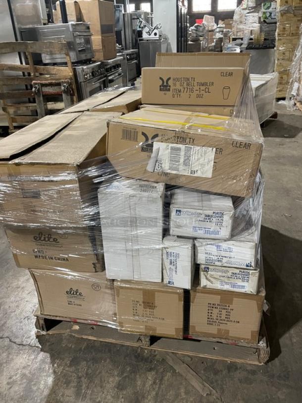 Mixed pallet of commercial items including Elite Global Solutions bowls, G.E.T. tumblers, Hoffmaster table covers, and Karat bucket lids.