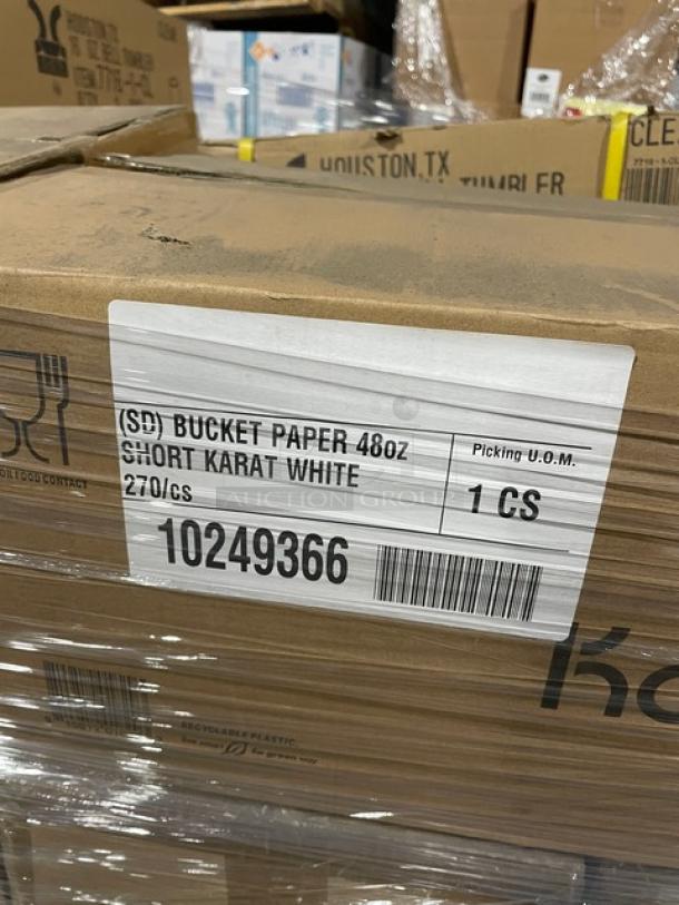 Mixed pallet of commercial items including Elite Global Solutions Papyrus bowls, G.E.T. Bell tumblers, Hoffmaster table covers, and Karat paper bucket lids. Various models and quantities. Brand new, packaging and labels visible.