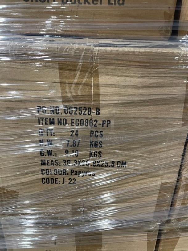 Mixed pallet with Elite Global Solutions ECO862-PP bowls, G.E.T. 7716-1-CL tumblers, Hoffmaster table covers, and Karat FP-PSBL203-OPS lids.