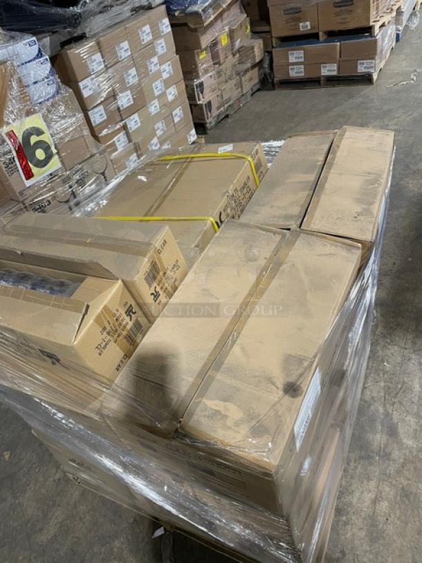 Mixed pallet with Elite Global Solutions Greenovations bowls, G.E.T. bell tumblers, Hoffmaster table covers, and Karat lids, in cases.