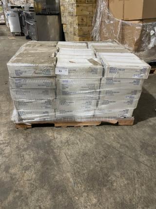Pallet of Hoffmaster Ivory White 54”x108” Plastic Table Covers, Model 112002, new condition, labeled boxes.