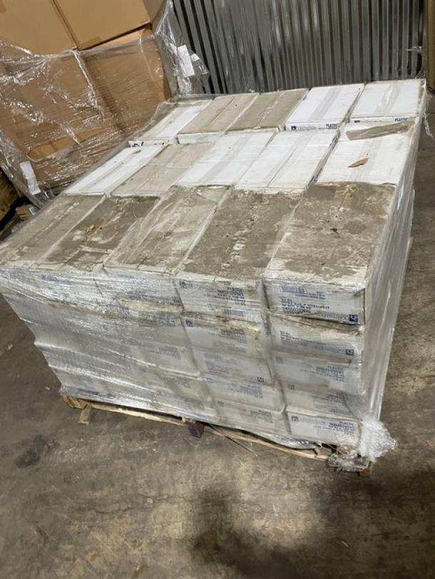 Full pallet of Hoffmaster Commercial Ivory White 54"x108" rectangular plastic table covers, Model 112002, brand new.