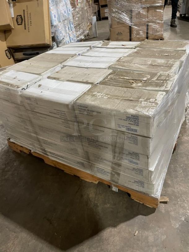 Full pallet of Hoffmaster Commercial Ivory White 54"x108" rectangular plastic table covers, model 112002, sealed and new.