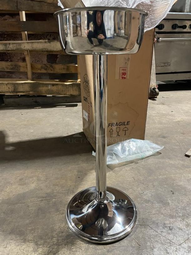 Brand new Sambonet stainless steel wine cooler stand, model 56119-63, mirror shine, 24.75" tall, pristine condition.