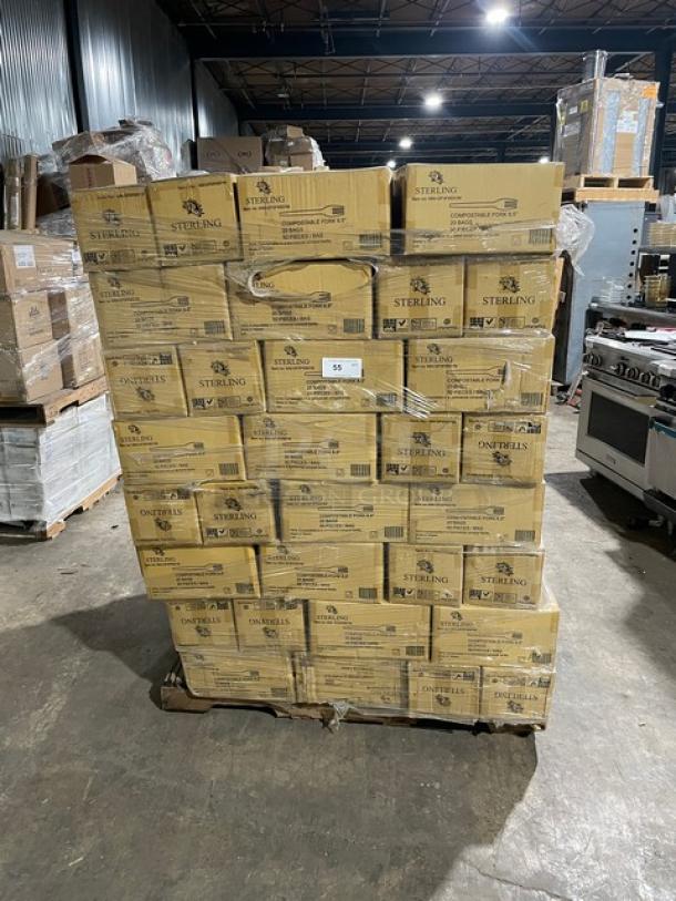 BRAND NEW full pallet of Sterling 6.5” compostable forks, model MMGP3FK651M, 1,000 per case, 128 cases.