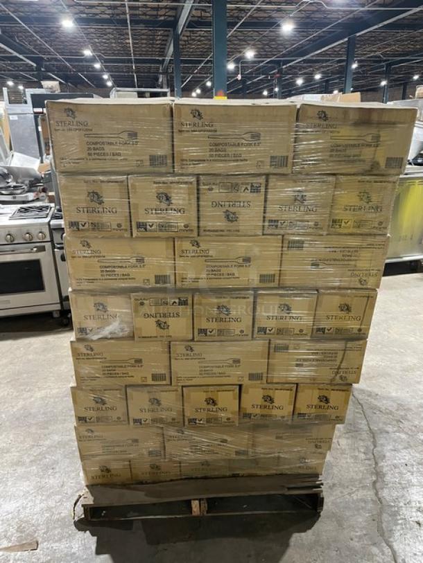 Full pallet of Sterling 6.5” compostable forks, model MMGP3FK651M, 1,000 per case. Brand new condition, commercial grade.