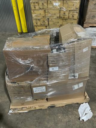 Mixed pallet of Bresco Paderno stainless steel pans, Impact Gator lids, Alpine sign holders, Bagcraft trays, and more, wrapped in plastic, brand new.