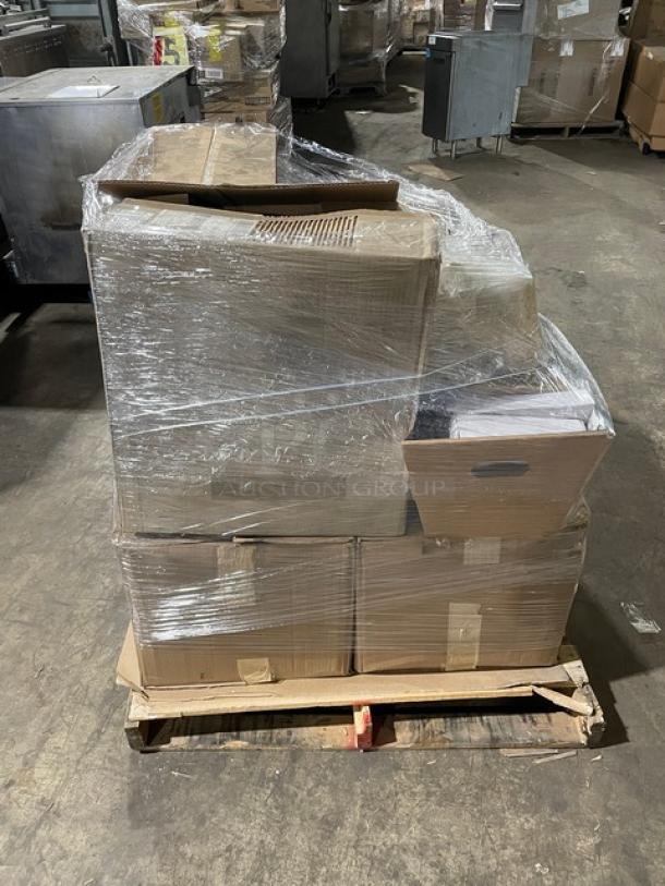 Mixed pallet of brand-new commercial kitchen items wrapped in plastic. Includes Bresco pans, Impact Gator lids, Alpine sign holders, Bagcraft trays, Thunder Group cups, G.E.T. baskets, Cambro measuring cups, and more.