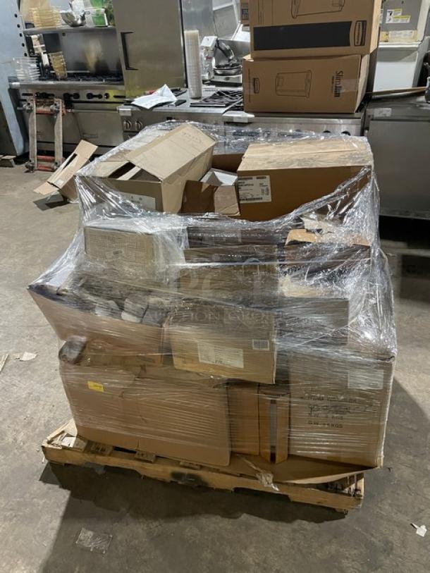 Brand new mixed pallet with Bresco Paderno stainless steel pan, Impact Gator lid, Alpine sign holder, Bagcraft tray, and more.