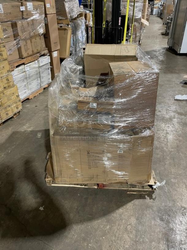 Mixed pallet of commercial kitchen items, shrink-wrapped, includes Bresco ½-size pan, Impact Gator lid, Alpine sign holder.