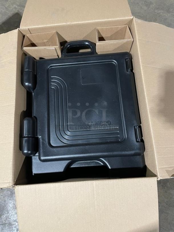 Brand new Cambro Ultra Camcarrier black front-loading insulated food pan carrier, in original packaging.
