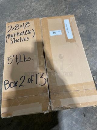 Brand new WineRacks By Marcus commercial wine rack. Box labeled "2x8x18 full-bottle shelves," 57 lbs, Box 2 of 13.