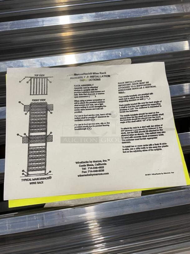 Assembly instructions and diagram for WineRacks By Marcus commercial wine rack, showcasing rack design and installation steps.