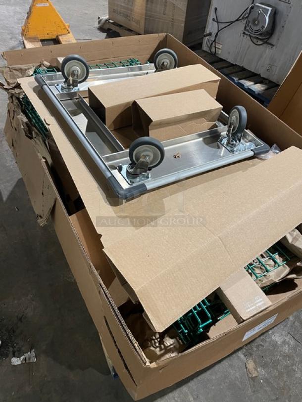 BRAND NEW Eagle Group DTSC2430E green epoxy-coated security unit with dolly truck, in shipping box, wheels visible.