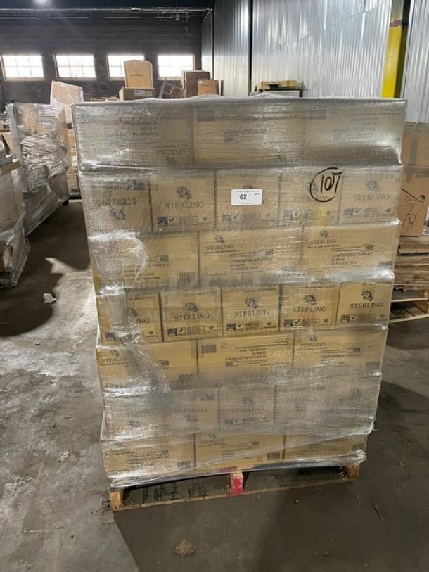 Full pallet of Sterling compostable forks, model MM-GP3FK651M, 1,000 per case, shrink-wrapped, brand new condition.