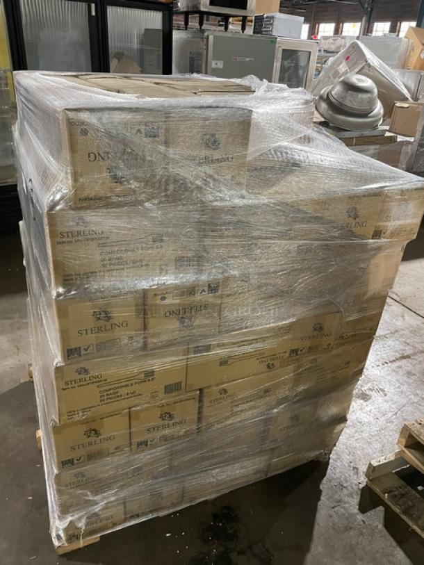 Brand new full pallet of Sterling Commercial 6.5" compostable forks, model MM-GP3FK651M, 1,000 per case, factory-sealed.