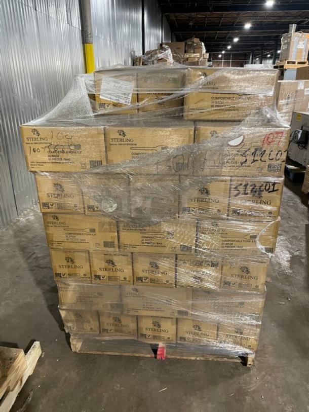 Full pallet of Sterling MMGP3FK651M compostable forks, 1,000 per case, new condition, wrapped in warehouse.