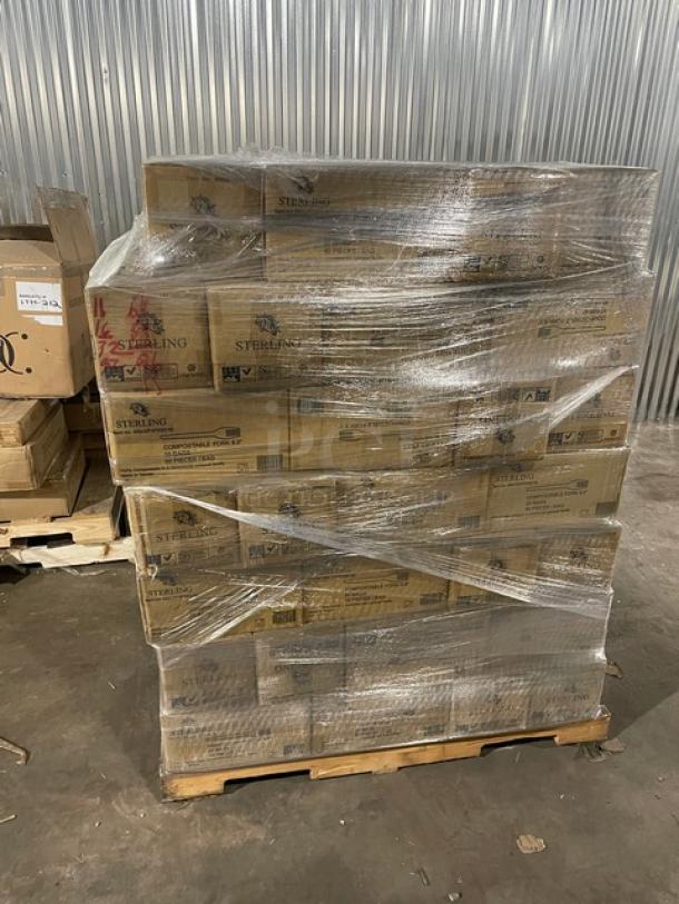 Full pallet of Sterling compostable forks, model MM-GP3FK651M, brand new, 6.5-inch, 1,000 per case, shrink-wrapped.