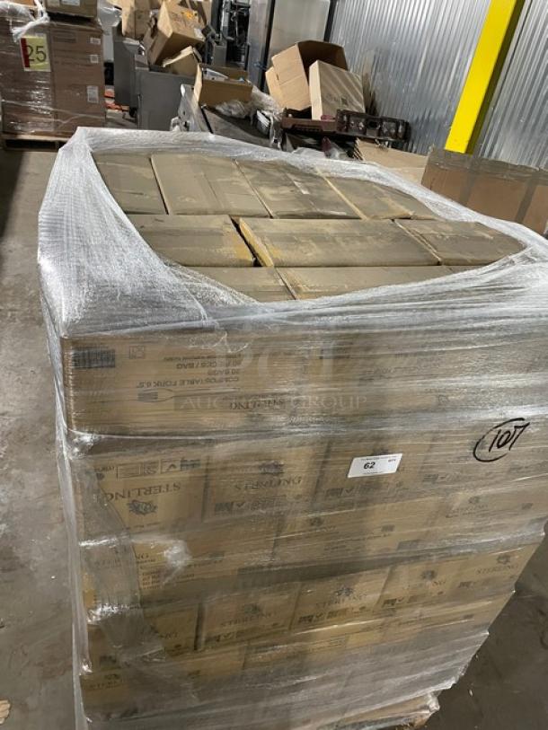 Full pallet of Sterling 6.5" compostable forks, model MM-GP3FK651M, in original sealed boxes, 1,000 per case.
