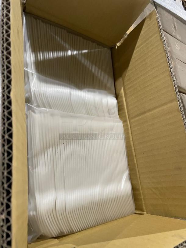 Brand new full pallet of Sterling MM-GP3FK651M compostable forks, 6.5" white, 1,000 per case, in open box.