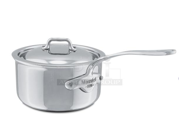 Brand new Mauviel M'Cook Series stainless steel 5-ply saucepan with lid. Features cast handle, polished finish.