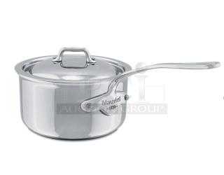 Brand new Mauviel M'Cook Series stainless steel 5-ply saucepan with lid. Features cast handle, polished finish.