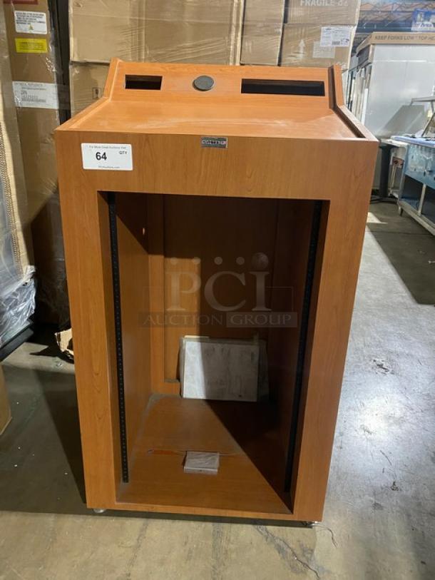 NEW Forbes-AV wooden enclosed lectern, integrated equipment rack, on legs, mint condition. Model label visible.