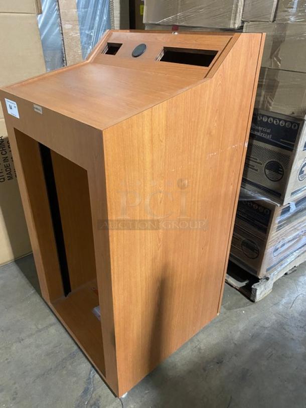 Forbes-AV wooden lectern/podium, new condition with integrated equipment rack, on legs, ideal for multimedia use.