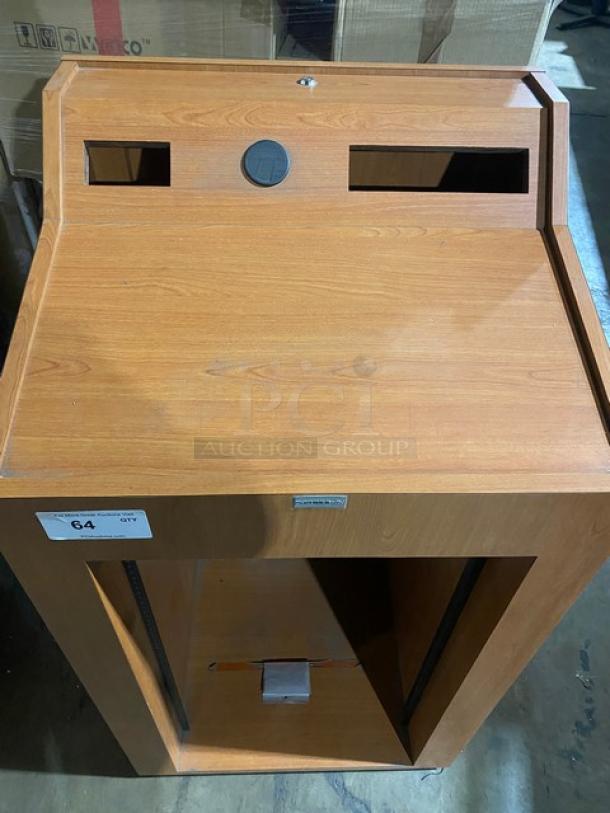 NEW Forbes-AV wooden lectern/podium with integrated equipment rack system, open design, commercial use, excellent condition.