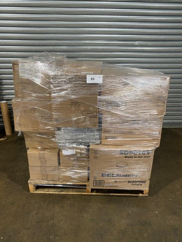 Mixed pallet of assorted commercial kitchenware, brand new in boxes. Includes Libbey glassware, Diversified Ceramics, Winco, and Arcoroc items. Model numbers visible; 65 times potential value.