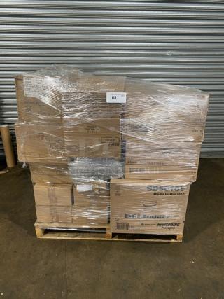 Mixed pallet of assorted commercial kitchenware, brand new in boxes. Includes Libbey glassware, Diversified Ceramics, Winco, and Arcoroc items. Model numbers visible; 65 times potential value.
