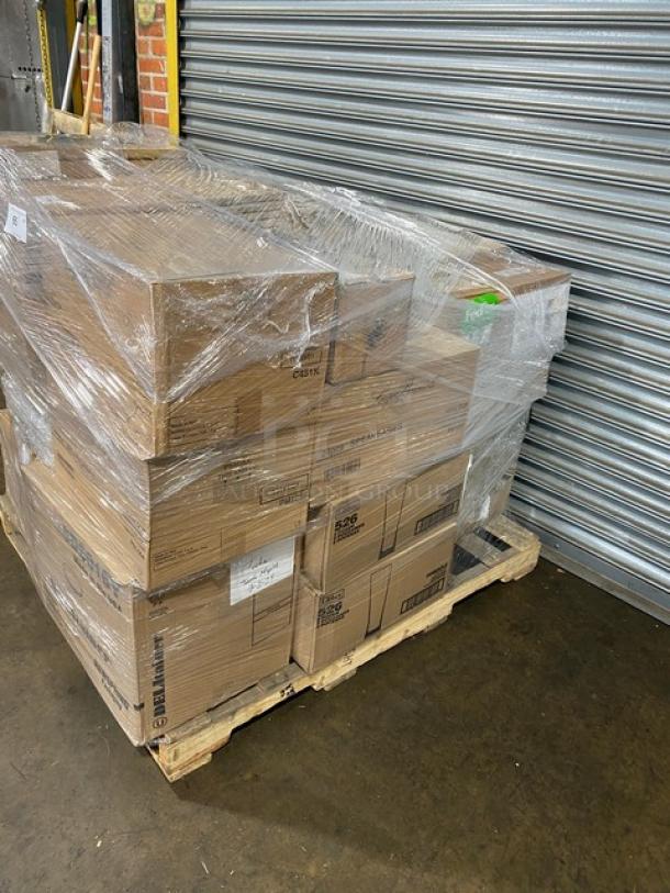 Mixed pallet with sealed boxes of commercial kitchen items including Libbey glassware and Winco pepper mills. Brand new condition.