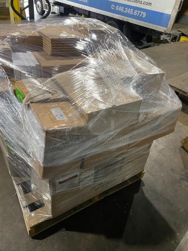 Mixed pallet with Libbey glassware, Diversified Ceramics dishes, Winco covers, trays, and more; wrapped for shipment. 