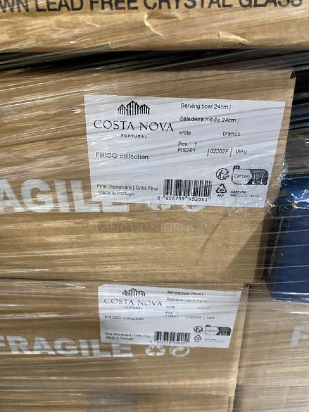 Mixed pallet with Costa Nova Friso collection labels; 24cm serving bowls in white. Fine stoneware, made in Portugal.