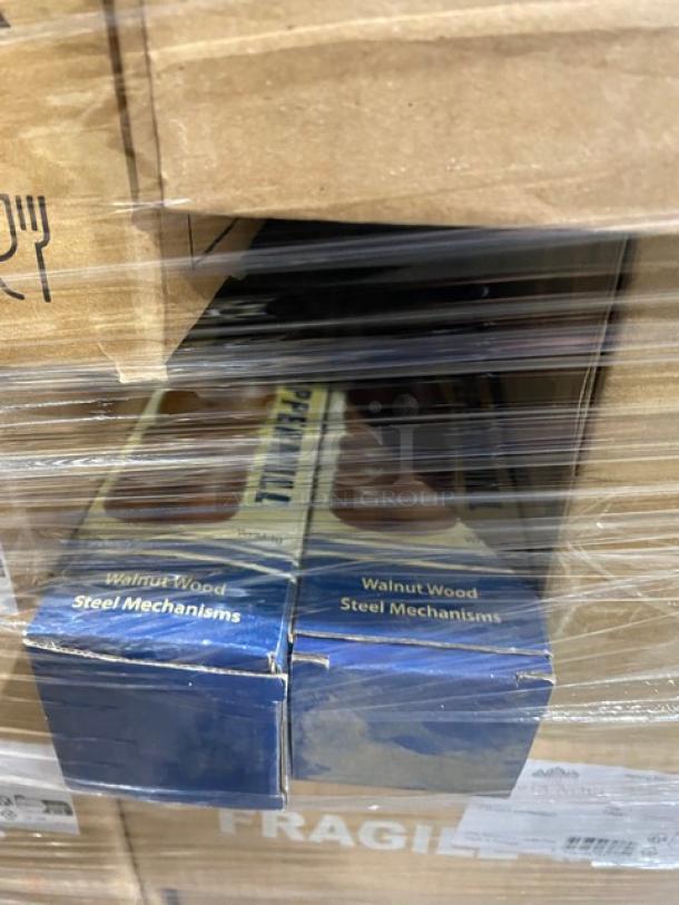 Mixed pallet of new commercial kitchenware including Libbey glasses, Diversified Ceramics dish, Winco dome cover, and more.