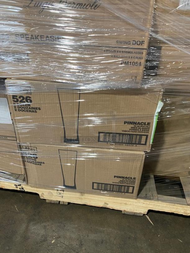 Mixed pallet of Libbey Pinnacle 14 oz beer glasses, model 526, boxed, wrapped in plastic, new condition.