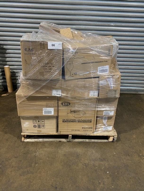 Brand new mixed pallet of commercial glassware and dinnerware, including FOH glass board, Chef & Sommelier wine glasses, Carlisle bowl, and more, securely wrapped on a pallet, ready for auction.