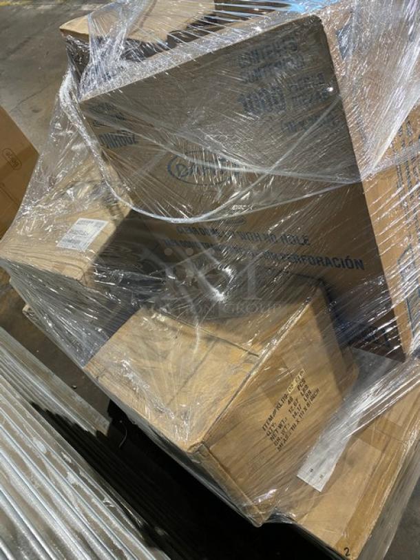 Mixed pallet of new commercial tableware, including FOH glass buffet boards and Chef & Sommelier wine glasses.