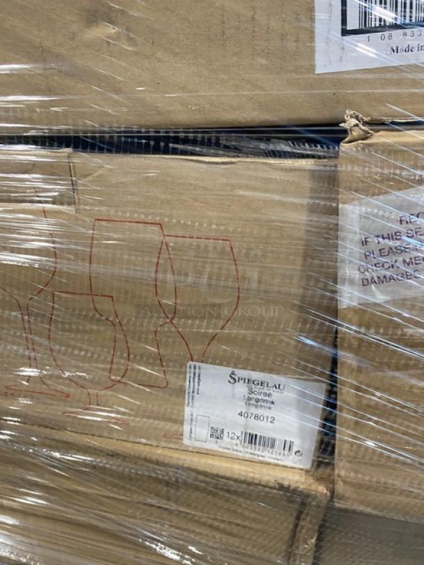 Mixed pallet with commercial kitchenware, featuring branded boxes of Spiegelau Longdrink glasses, sealed and brand new condition.