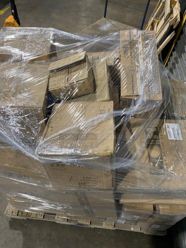 Mixed pallet of brand new commercial kitchenware, including FOH glass buffet boards, wine glasses, and various bowls, in packaging.